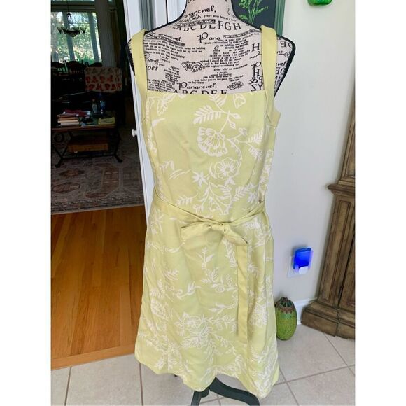 ANN TAYLOR lime Green White Floral Square Neck Tie Belt Silk Sundress - Picture 1 of 6